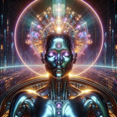 The primary subject of the image is a futuristic robot with a purple head, wearing a crown. The robot is surrounded by a vibrant and colorful environment, featuring a purple and yellow background. The visual style of the image is digital art, with the robot's head and crown being the focal point of the composition. The colors and mood of the image are lively and energetic, with the purple and yellow hues creating a sense of excitement and wonder.